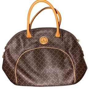 1990s Brown and Mustard Tan Structured Faux Leather La Tour Eiffel Paris Handbag